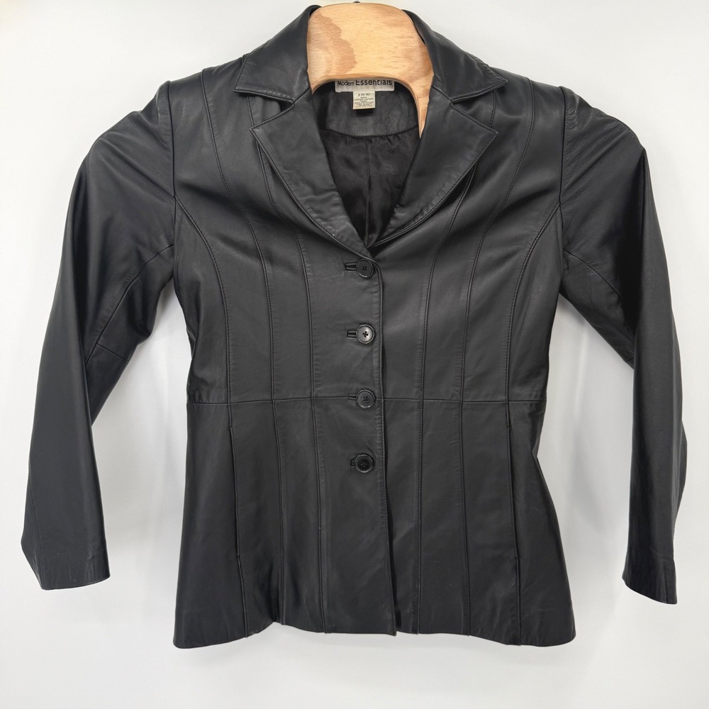 Modern Essentials Leather Jacket Womens Small Black Button Front Tailored Blazer